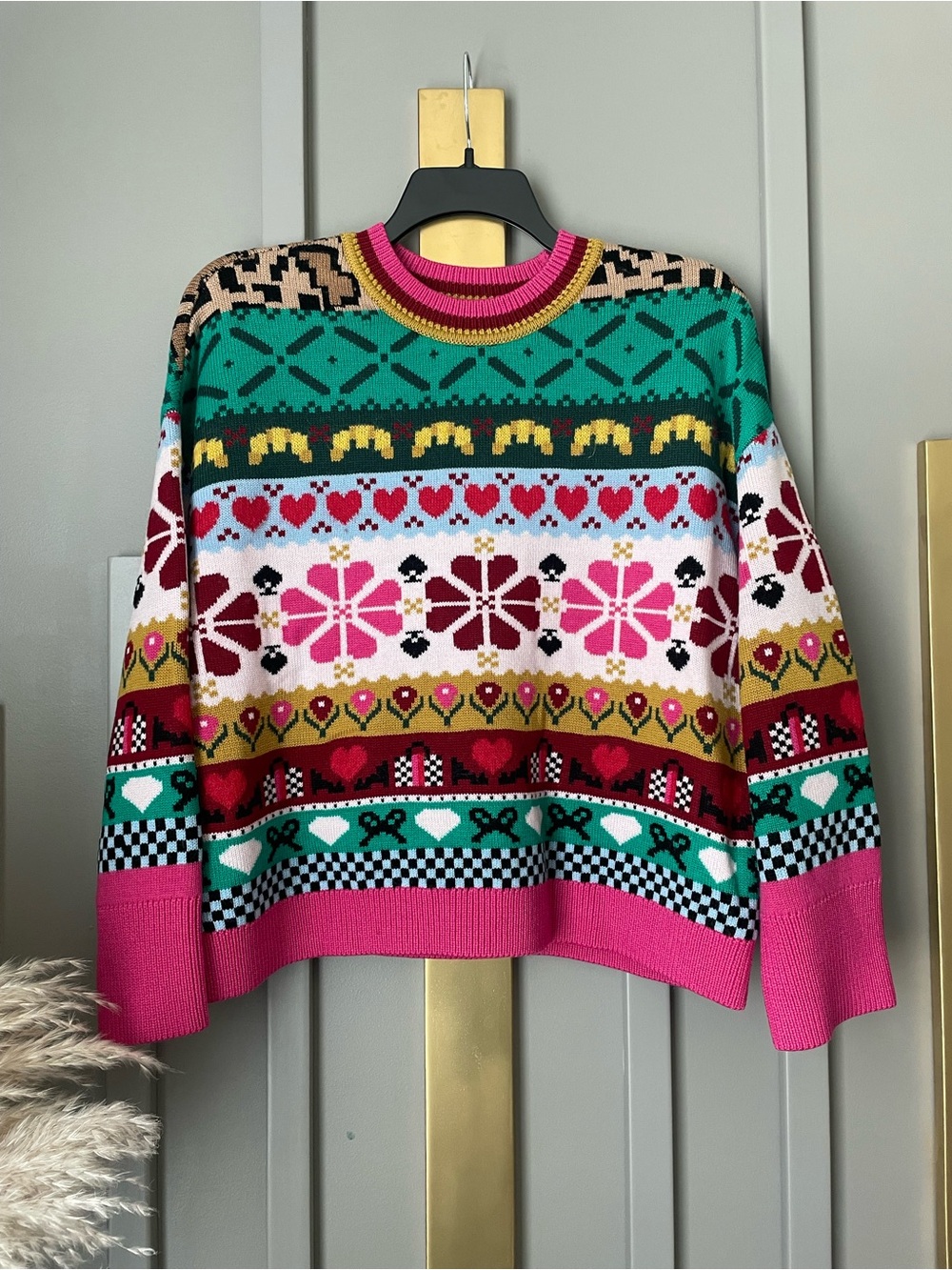 97% wool kate spade Multicolor Fair Isle Crewneck Sweater — Pink, Green & Red